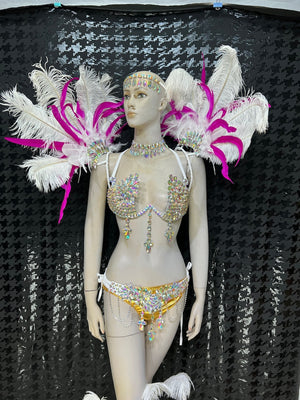 Carnival Dancewear Women's White & Gold Rhinestone & Feather Embellished Bikini Set with Headpiece & Shoulder Accents, Samba/Carnival Dance