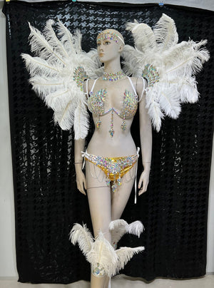 Women's White & Gold Rhinestone Feather Carnival Dance Costume