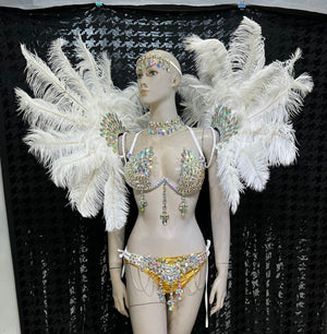 Women's White & Gold Rhinestone Feather Carnival Dance Costume