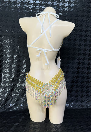 Women's Gold & Iridescent Crystal Halter Top & Hip Scarf Set, Belly Dance Costume