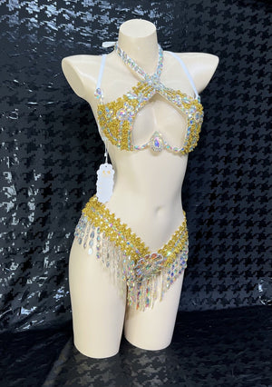 Women's Gold & Iridescent Crystal Halter Top & Hip Scarf Set, Belly Dance Costume