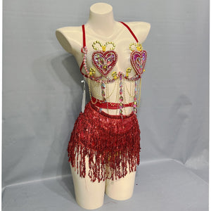 Dance Costume Women's Red Sequin Fringe Heart Rhinestone Halter Bra and Shorts Set