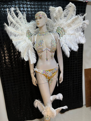 Women's White & Gold Rhinestone Feather Carnival Dance Costume