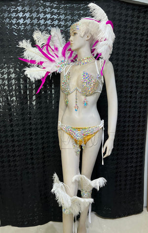 Carnival Dancewear Women's White & Gold Rhinestone & Feather Embellished Bikini Set with Headpiece & Shoulder Accents, Samba/Carnival Dance