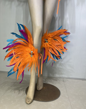 Carnival Adult Female Orange Blue Feathered Sequin Rhinestone Bikini Set with Headpiece and Shoulder Piece for Samba Dance