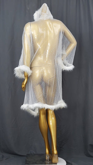 Women's Red Sheer Mesh Faux Fur Trim Rhinestone Long Robe Lingerie