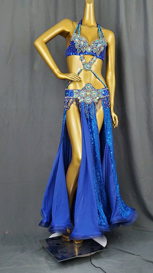 Women's Royal Blue Sequin & Beaded Halter Top Belly Dance Costume with Slit Skirt