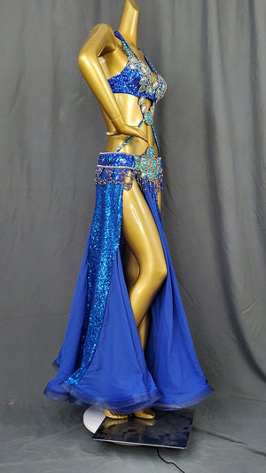 Women's Royal Blue Sequin & Beaded Halter Top Belly Dance Costume with Slit Skirt