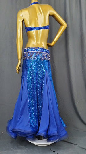 Women's Royal Blue Sequin & Beaded Halter Top Belly Dance Costume with Slit Skirt
