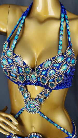 Women's Royal Blue Sequin & Beaded Halter Top Belly Dance Costume with Slit Skirt