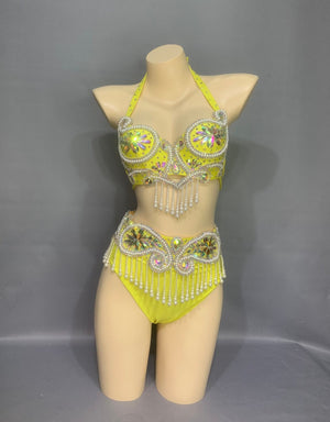 Belly Dance Costume, Women's Yellow Sequin & Pearl Embellished Halter Bra Top and High-Waisted Briefs Set, Latin Dance