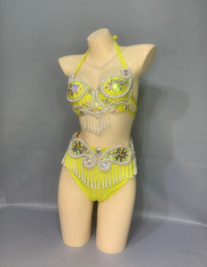 Belly Dance Costume, Women's Yellow Sequin & Pearl Embellished Halter Bra Top and High-Waisted Briefs Set, Latin Dance