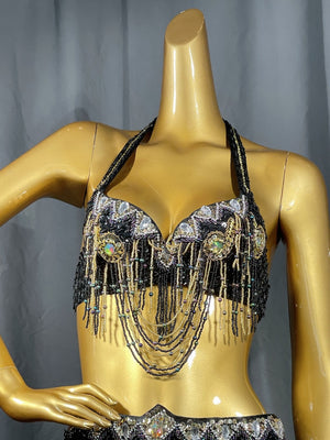 Belly Dance Costume, Women's Black & Gold Embellished Halter Top & Flowy Slit Skirt, Beaded & Sequin Performance Set