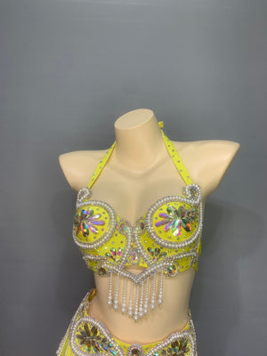 Belly Dance Costume, Women's Yellow Sequin & Pearl Embellished Halter Bra Top and High-Waisted Briefs Set, Latin Dance