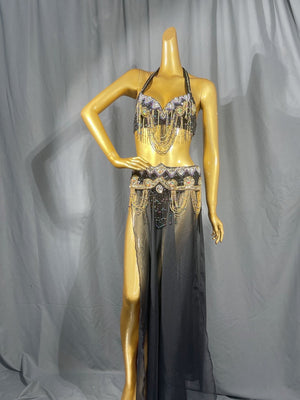 Belly Dance Costume, Women's Black & Gold Embellished Halter Top & Flowy Slit Skirt, Beaded & Sequin Performance Set