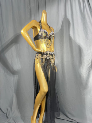Belly Dance Costume, Women's Black & Gold Embellished Halter Top & Flowy Slit Skirt, Beaded & Sequin Performance Set