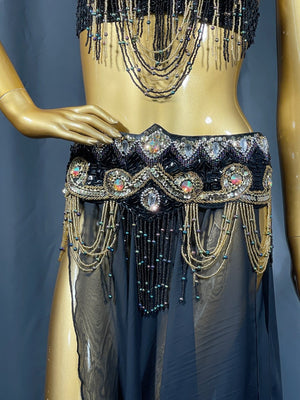 Belly Dance Costume, Women's Black & Gold Embellished Halter Top & Flowy Slit Skirt, Beaded & Sequin Performance Set
