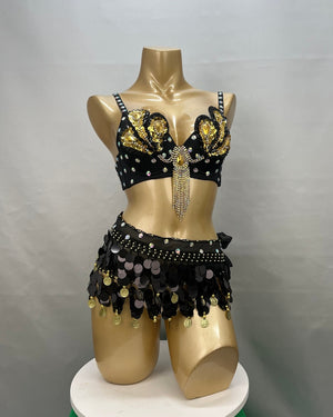 Belly Dance Bra and Belt Set, Women's Red Sequin & Rhinestone Embellished with Gold Coin Fringe, Performance Costume