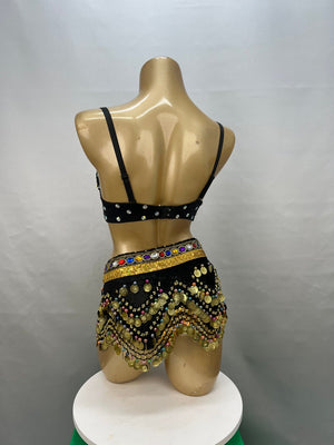 Women's Black & Gold Sequin Rhinestone Belly Dance Bra Top & Hip Scarf Set