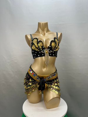 Women's Black & Gold Sequin Rhinestone Belly Dance Bra Top & Hip Scarf Set