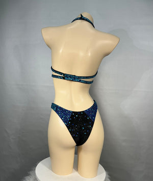 Women's Blue & Black Ombre Sequin Halter Neck Bikini Top and High-Cut Bottom Set, Embellished Bodybuilding Competition Suit