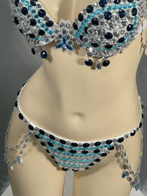 Women's White, Blue & Black Sequin & Jewel Embellished Bra & Panty Set with Chain Accents, Belly Dance