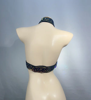 Dance Halter Top, Women's Iridescent Sequin Choker Halter Top, Rave Festival Apparel