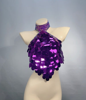 Dance Halter Top, Women's Iridescent Sequin Choker Halter Top, Rave Festival Apparel