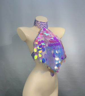 Dance Halter Top, Women's Iridescent Sequin Choker Halter Top, Rave Festival Apparel