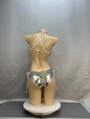 Women's Silver Sequin & Rhinestone Halter Neck Two-Piece Dancewear Set, Latin/Salsa