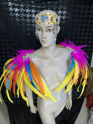 Carnival Dancewear Women's Multicolor Feathered & Bejeweled Yellow Bra Top and Belt Set with Headpiece, Belly Dance Costume
