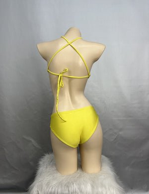 Dance Leotard Women's Yellow Cut-Out Halterneck Rhinestone Bodysuit for Performance