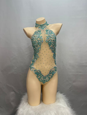 Dance Leotard Women's Teal Crystal Embellished Mesh Halter Neck Bodysuit, Latin Ballroom Performance Dancewear