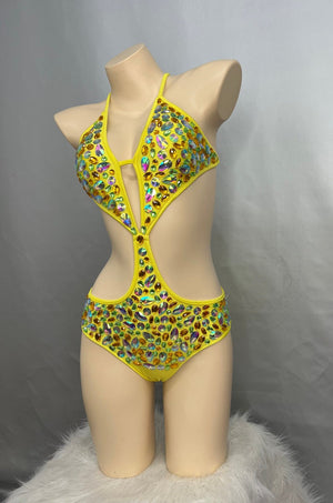 Dance Leotard Women's Yellow Cut-Out Halterneck Rhinestone Bodysuit for Performance