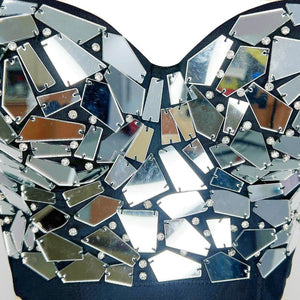 Women's Black & Silver Mirrored Sequin Rhinestone Sweetheart Neck Crop Top for Dance Performances