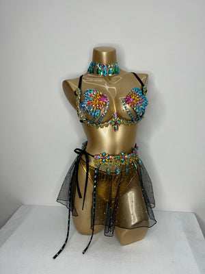 Belly Dance Costume, Women's Multi-Color Embellished Bra & Skirt Set, Gold Bottoms, Black Mesh Skirt, Sequin & Rhinestone Detail