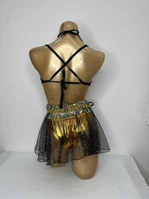 Belly Dance Costume, Women's Multi-Color Embellished Bra & Skirt Set, Gold Bottoms, Black Mesh Skirt, Sequin & Rhinestone Detail