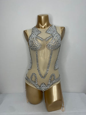 Bodysuit Women's Nude Mesh Silver Rhinestone Embellished Sleeveless Leotard Dancewear