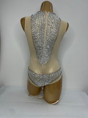 Bodysuit Women's Nude Mesh Silver Rhinestone Embellished Sleeveless Leotard Dancewear