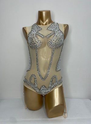 Bodysuit Women's Nude Mesh Silver Rhinestone Embellished Sleeveless Leotard Dancewear