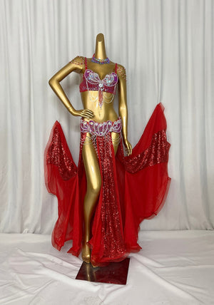 Belly Dance Costume Women's Blue & Teal Sequin Beaded Bra & Skirt Set with Chiffon Panels and Chain Detail