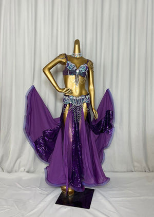 Belly Dance Costume Women's Blue & Teal Sequin Beaded Bra & Skirt Set with Chiffon Panels and Chain Detail