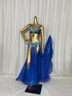 Belly Dance Costume Women's Blue & Teal Sequin Beaded Bra & Skirt Set with Chiffon Panels and Chain Detail