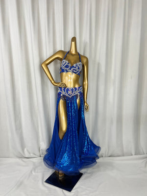 Belly Dance Costume Womens Red Sequin Embellished Halter Bra and Slit Skirt Set with Tassels, Chiffon and Sequin Fabric