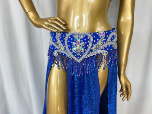 Belly Dance Costume Womens Red Sequin Embellished Halter Bra and Slit Skirt Set with Tassels, Chiffon and Sequin Fabric