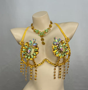 Belly Dance Costume, Women's Yellow & Gold Rhinestone Beaded Bra & Belt Set, Cabaret/Carnival Dancewear