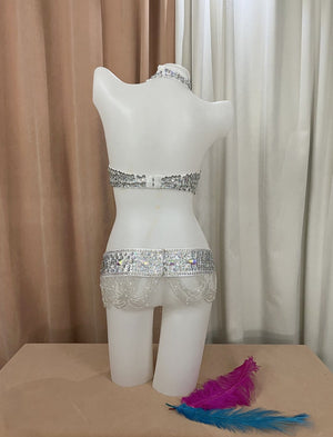 Belly Dance Costume Women's White Sequin Rhinestone Beaded Halter Bra Top and Belt Set with Fringe