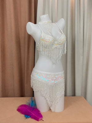Women's Silver Sequin Beaded Fringe Belly Dance Bra Top and Skirt Set, Choker Necklace Included