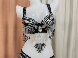 Belly Dance Costume, Women's Black & Silver Beaded Sequin Rhinestone Bra and Belt Set, Professional Dancewear