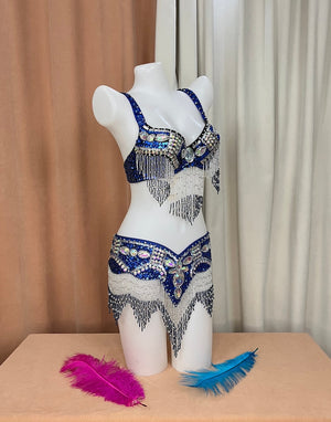 Belly Dance Costume Set, Women's Royal Blue Sequin & Beaded Bra and Belt, Fringe Embellished, Professional Performance Wear